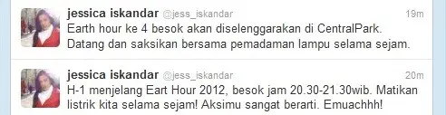 Jessica Iskandar membantu mengampanyekan Earth Hour melalui akun twitternya