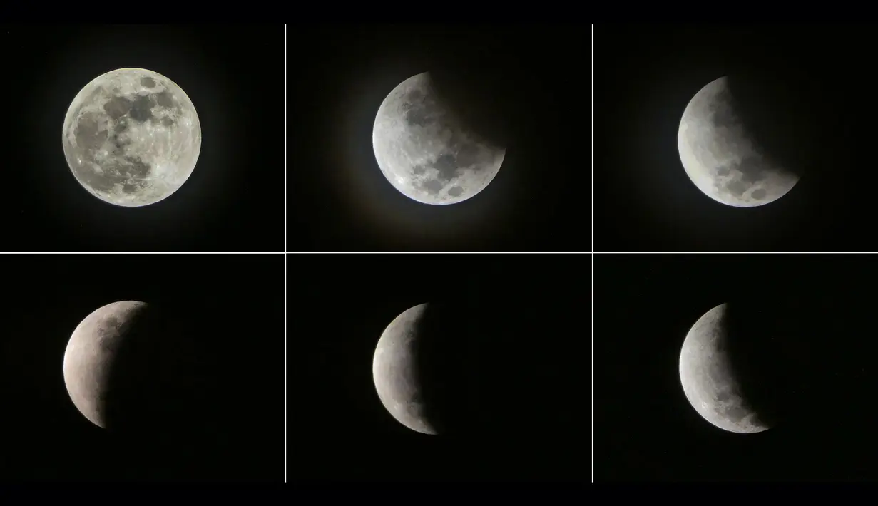 Foto kombo gerhana bulan parsial terlihat di langit Jakarta pada Rabu (17/7/2019) dini hari. Gerhana bulan terakhir dalam tahun 2019 ini merupakan fenomena jenis gerhana bulan parsial, karena masih ada yang tampak sebagian. (BAY ISMOYO/AFP)