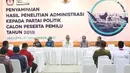 Ketua KPU Pusat Arief Budiman (tengah) memberi sambutan saat penyampaian hasil penelitian administrasi Pemilu 2019 di KPU Pusat, Jakarta, Jumat (17/11). KPU mengumumkan hasil penelitian administrasi Pemilu 2019. (Liputan6.com/Angga Yuniar)