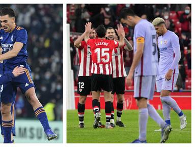 Real Madrid dan Barcelona meraih hasil yang bertolak belakang dalam laga babak 16 Besar Copa Del Rey, Kamis (20/1/2022). Real Madrid menang 2-1 atas Elche, sementara Barcelona kalah 2-3 dari Athletic Bilbao. (Kolase AFP)