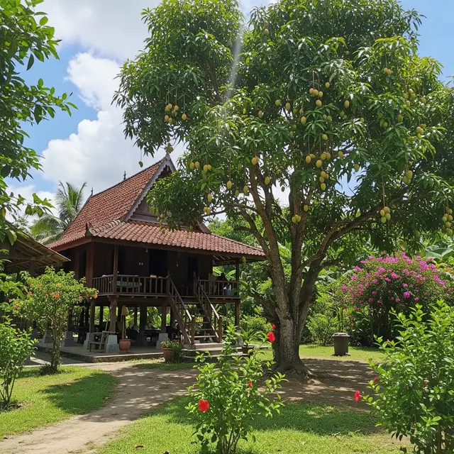 Rumah Desa dengan Pohon Besar di Tengah Halaman (Gemini AI)