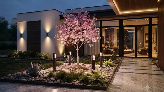 Teras Batu Granit Modern dengan Tabebuya Mini