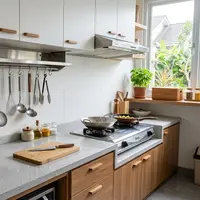 Desain Dapur Kecil dengan Banyak Penyimpanan agar Meja Tetap Rapi (AI Generated)