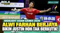 Highlight pertandingan bulu tangkis beregu putra Asian Games Aichi-Nagoya 2026. Alwi Farhan tampil solid saat menghadapi wakil Malaysia, Justin Hoh Shou Wei. Alwi sukses meraih kemenangan dua gim langsung dengan skor 21-19, 21-19, sekaligus menyumban...