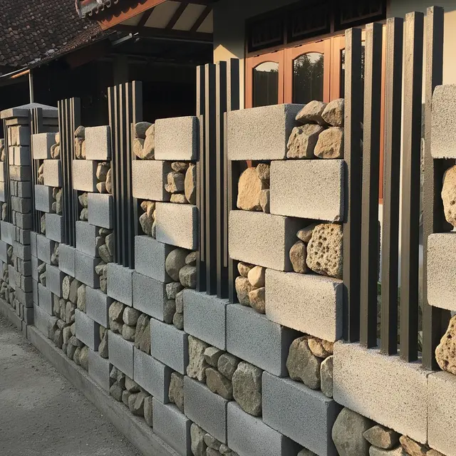 Pagar Rumah Desa dari Batako dan Besi Hollow (AI Generated)