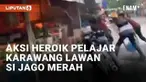 Aksi heroik kembali viral di media sosial. Sejumlah pelajar mempertontonkan aksi gotong royong memadamkan api. Insiden kebakaran terjadi di sebuah kios sayuran di Pasar Blok R Perumnas Telukjambe Timur, Karawang, Jawa Barat (5/3/2024).