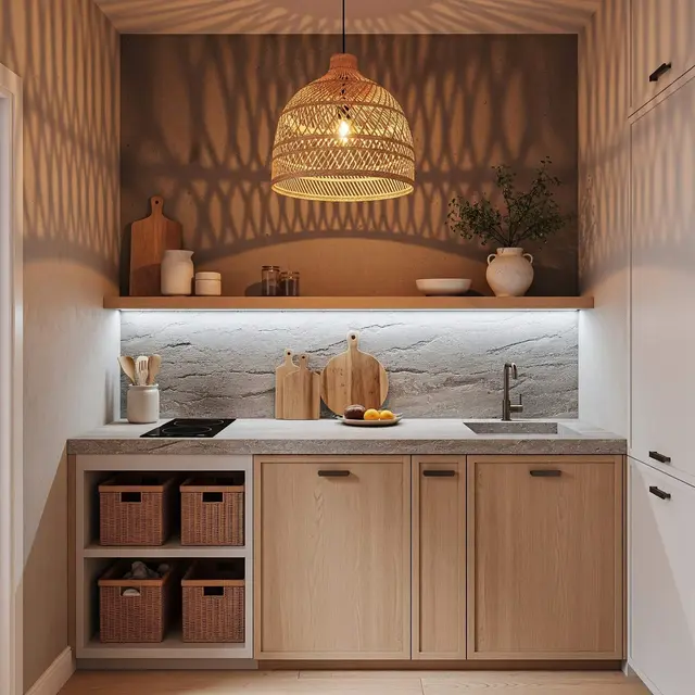 Desain Dapur Rumah Mungil Tema Earth Tone Hemat Ruang