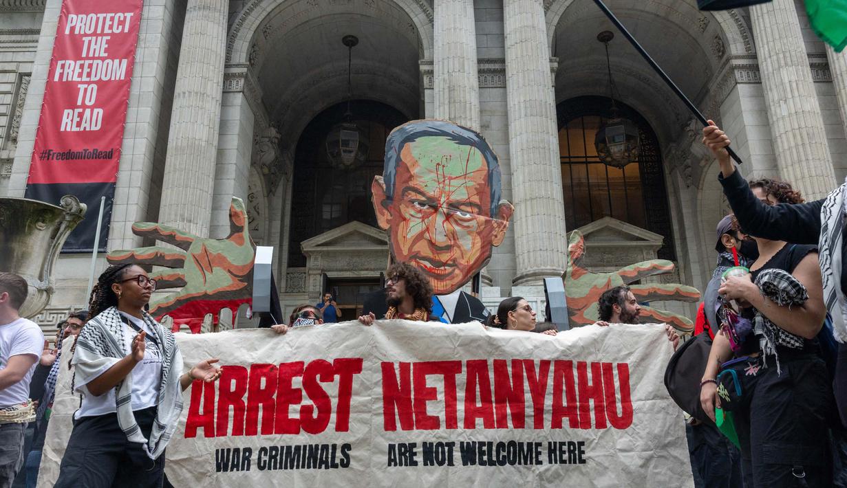 Protes ini bertepatan dengan Sidang Umum PBB yang berlangsung di kota tersebut dan dihadiri oleh Perdana Menteri Israel Netanyahu. (Alex Kent/Getty Images North America/Getty Images via AFP)