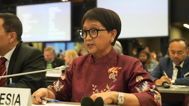 Menteri Luar Negeri Republik Indonesia (Menlu RI) Retno Marsudi dalam pertemuan Global Refugee Forum PBB di Jenewa, Swiss, pada Rabu (13/12/2023). (Dok: Kemlu RI)