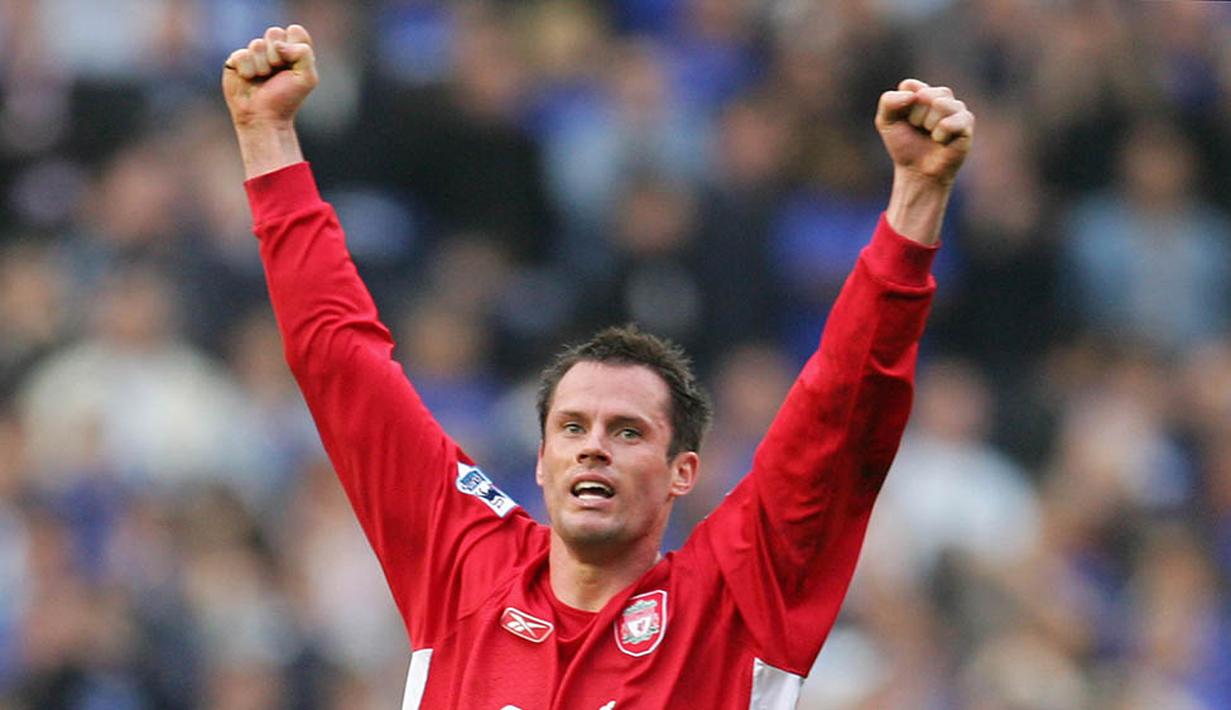 Jamie Carragher, pesepak bola asli kelahiran Merseyside kandang Liverpool. Sepanjang kariernya bek sayap ini hanya pernah berkostum The Reds. (AFP Photo/Paul Ellis)
