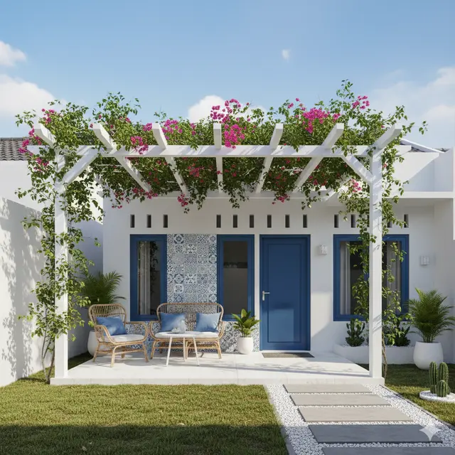 Desain Rumah Type 36 Ala Villa Santorini dengan Sentuhan Putih Biru