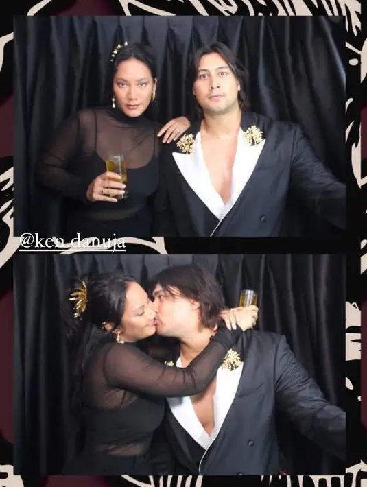 Tara Basro hadir dengan pakaian serba hitam semi transparan, sedangkan sang suami mengenakan jas hitam lengkap dengan brosnya. [@tarabasro]