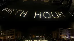Foto kombinasi menunjukkan Brandenburg Gate sebelum (atas) dan selama Earth Hour di Berlin, Jerman, Sabtu (30/3). (REUTERS/Fabrizio Bensch)