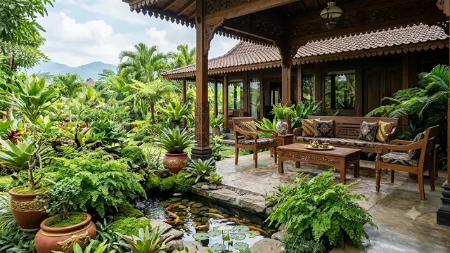 Teras Rumah dengan Tanaman Suplir dan Kolam Mini/AI Generated