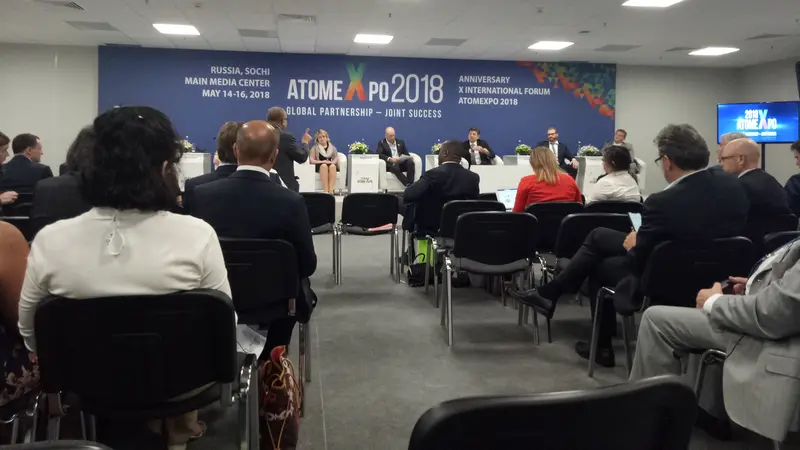 Salah satu sesi diskusi di Forum Atomexpo 2018 di Sochi, Rusia. (Liputan6.com/Nurmayanti)