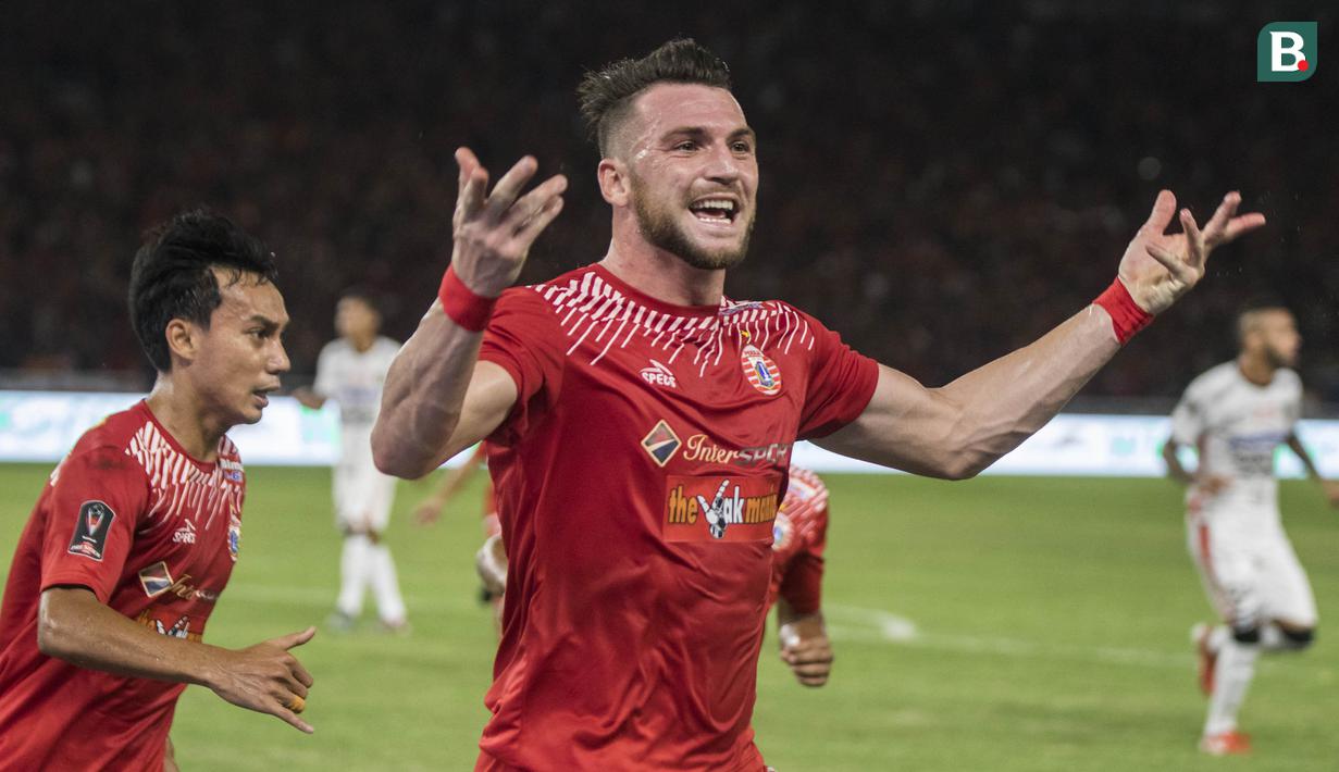 Striker Persija Jakarta, Marko Simic, merayakan gol yang dicetaknya ke gawang Bali United pada final Piala Presiden di SUGBK, Jakarta, Sabtu (17/2/2018). Persija menang 3-0 atas Bali United. (Bola.com/Vitalis Yogi Trisna)