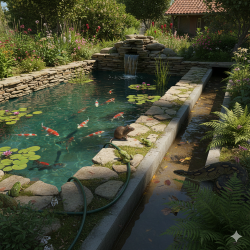 Desain Kolam Ikan yang Terlihat Aman Ini Justru Menarik Ular (Foto: Gemini AI)