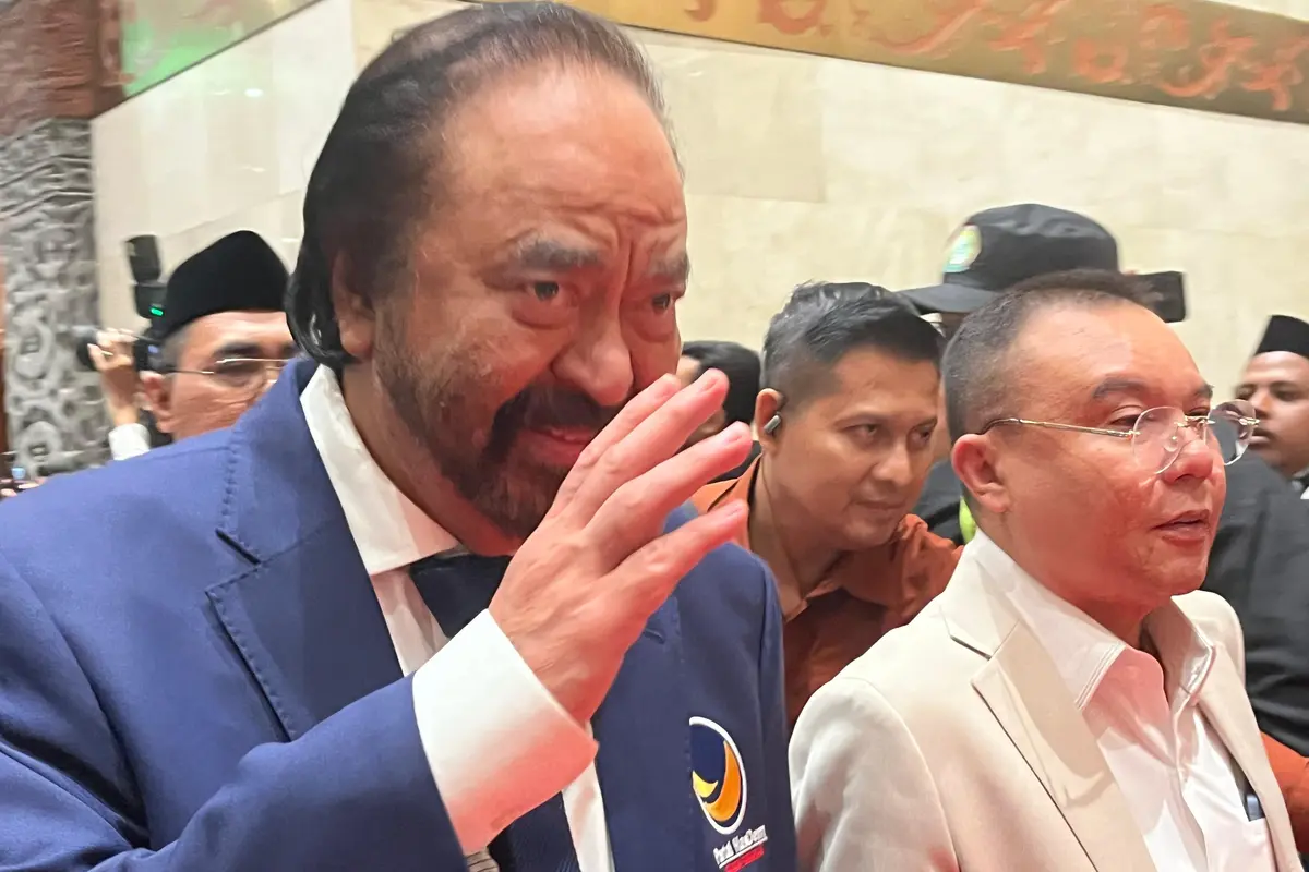 Ketua Umum Partai NasDem Surya Paloh dan Ketua DPP Partai Gerindra Sufmi Dasco Ahmad hadir di puncak perayaan hari lahir Partai Kebangkitan Bangsa (PKB) ke-26 di Jakarta Convention Center (JCC), Senayan, Jakarta, Selasa malam (23/7/2024).