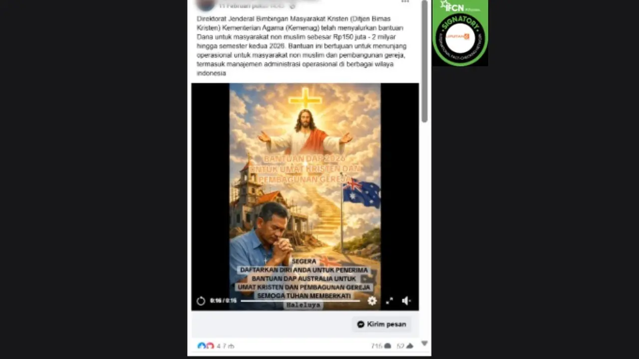 Cek Fakta Liputan6.com mendapati klaim link pendaftaran bantuan dana untuk umat kristen dan pembangunan gereja 2026 sebesar Rp 150 juta - Rp 2 miliar lewat WhatsApp.