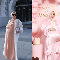Detik-detik terakhir sebelum melahirkan, Syahrini membagikan foto OOTD bumil terakhirnya. Syahrini tampil elegan dengan dua busana berbeda, yakni dengan serba pink dan nude [@princessyahrini]