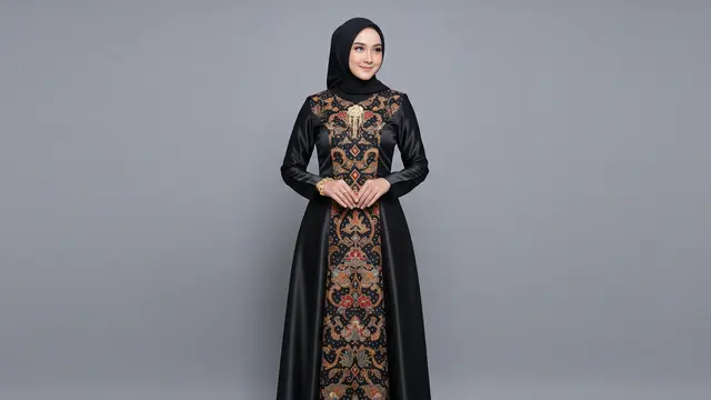 Gamis Batik Hitam Kombinasi Satin Full Cutting Princess