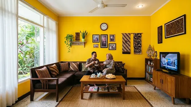 Warna cat ruang tamu yang disesali pemilik rumah model kuning yang mencolok