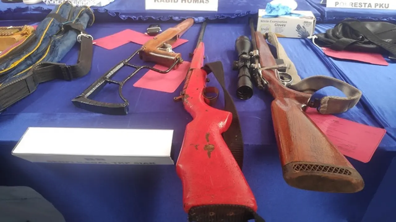 Senjata api yang disita penyidik Polda Riau dari 2 pria.