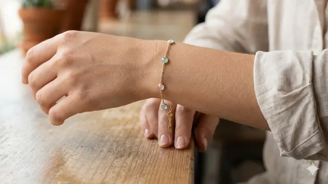 Gelang Rantai Tipis dengan Batu Alam Berwarna Pastel