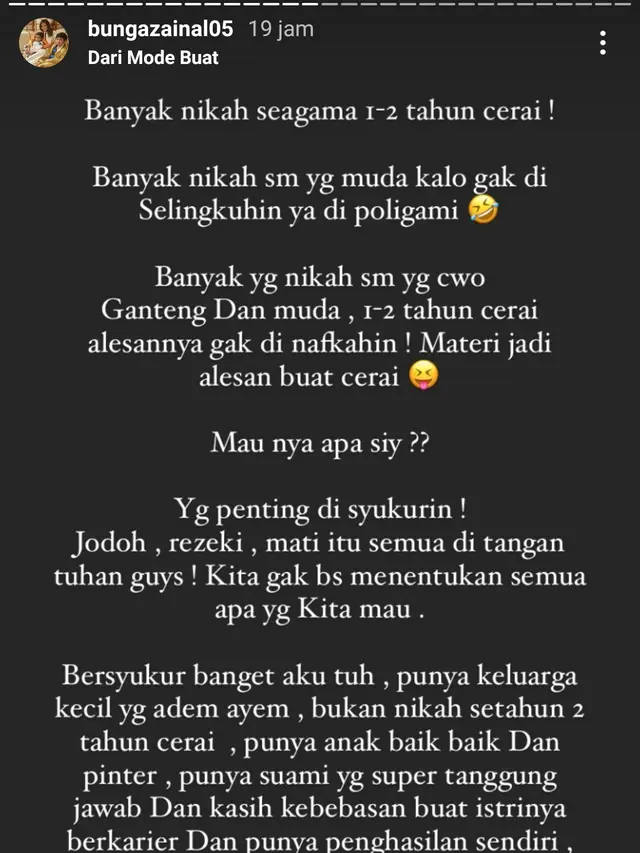 Unggahan Bunga Zainal. (Foto: Instagram @bungazainal05)