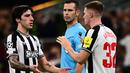 Gelandang Newcastle United, Sandro Tonali (kiri) digantikan rekannya, Elliot Anderson saat menghadapi AC Milan pada laga matchday pertama Grup F Liga Champions 2023/2024 menghadapi AC Milan di San Siro Stadium, Milan, Rabu (20/9/2023) dini hari WIB. (AFP/Marco Bertorello)