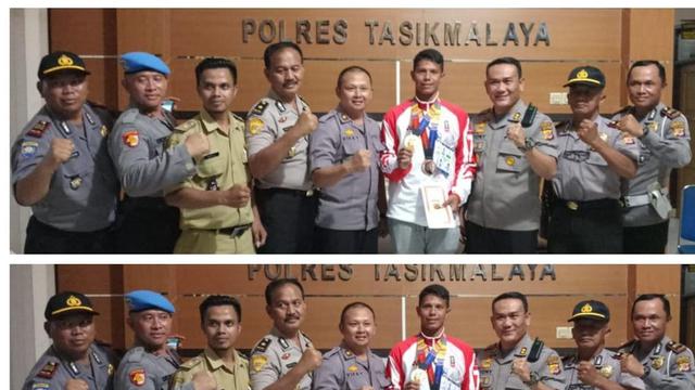Polres Tasikmalaya menyambut atlet triathlon dan modern pentathlon Muhammad Taufik, yang meraih medali emas di SEA Games di Filipina. (Istimewa)
