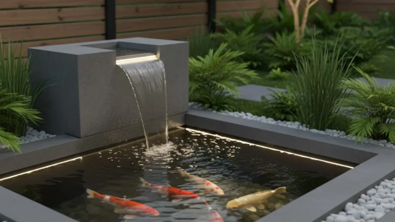 Kolam ikan minimalis dengan air terjun kecil di pojok taman (Sumber: Gemini AI)