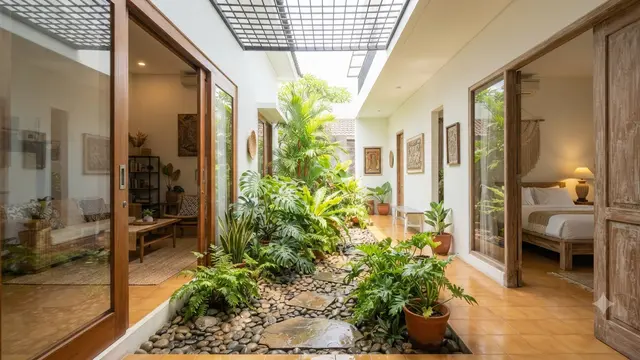 Desain Rumah 6x12 Meter Model Inner Courtyard yang Tetap Nyaman dan Terasa Luas Model di Antara Kamar Tidur Utama dan Ruang Tamu