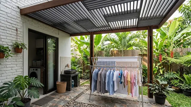 Desain Ruang Jemur di Belakang Rumah dengan Atap Kisi-Kisi