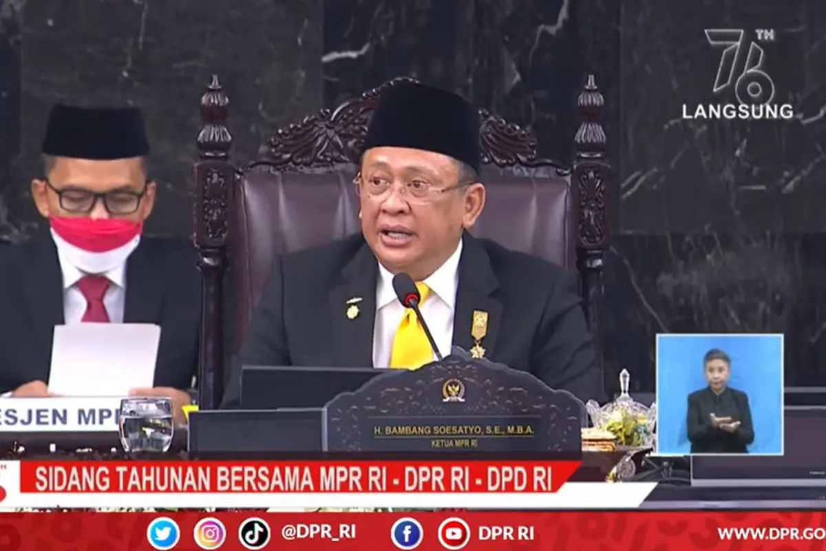 Ketua MPR Bambang Soesatyo saat Sidang Tahunan MPR 2021 di Jakarta.