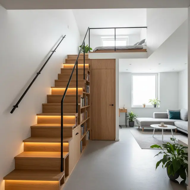 Model Rumah Kecil Mezzanine dengan Rak Tangga Multifungsi