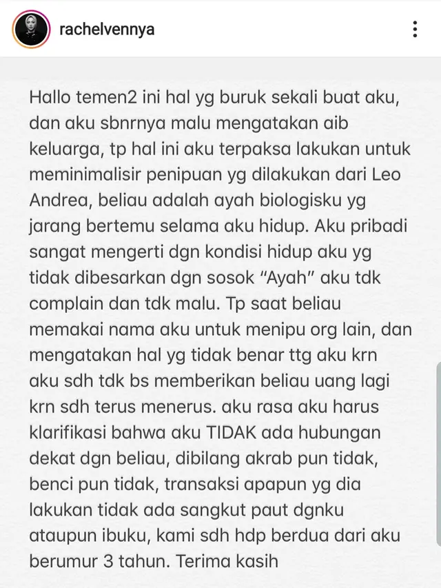 Unggahan Rachel Vennya. (Foto: Instagram @rachelvennya)
