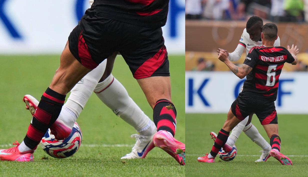 Foto kolase pemain Chelsea, Nicolas Jackson saat melakukan pelanggaran terhadap pemain Flamengo, Ayrton Lucas saat laga Grup D Piala Dunia Antarklub 2025 melawan Flamengo di Lincoln Financial Field stadium, Philadelphia, Amerika Serikat, Sabtu (21/06/2025) WIB. (AP Photo/Chris Szagola)