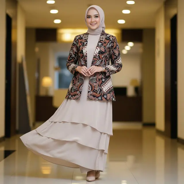 Model Gamis Polos Kombinasi Blazer Batik
