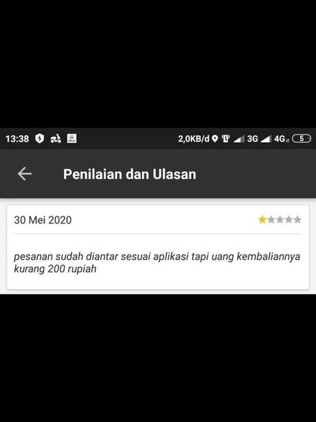 Driver tersebut mengembalikan uang Rp 200 kepada konsumen yang memberinya bintang satu