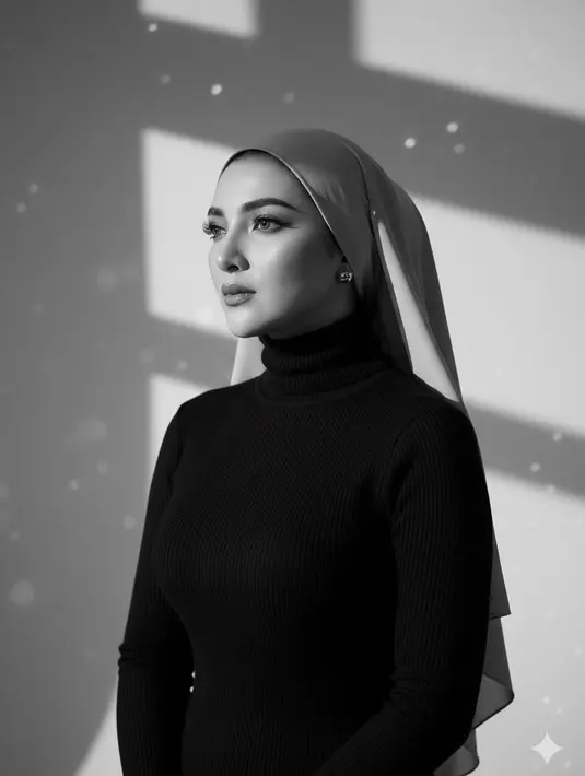 Ashanty terlihat kenakan hijab yang dipeniti di leher bagian belakang. Sisa kainnya dibiarkan tergerai di punggung [@ashanty_ash]