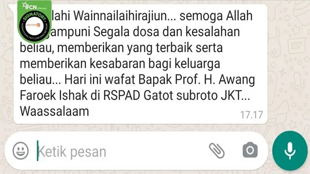 Gambar Tangkapan Layar Kabar Hoaks tentang Gubernur Kaltim Awang Faroek Ishak Meninggal Dunia pada 2 Juni 2021 (sumber: WhatsApp)