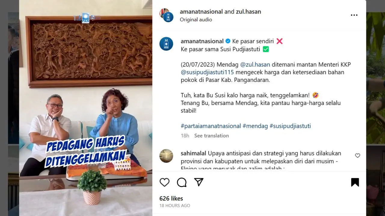 Menteri Perdagangan (Mendag) RI Zulkifli Hasan alias Zulhas menyambangi kediaman mantan Menteri Kelautan dan Perikanan (Menteri KKP) Susi Pudjiastuti di Pangandaran, Jawa Barat.