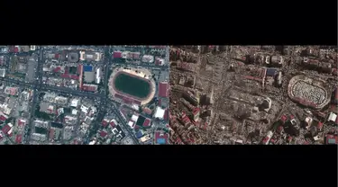 Foto kombinasi yang dibuat citra satelit handout milik Maxar Technologies pada 8 Februari 2023 ini menunjukkan bangunan dan stadion di Kahramanmaras, Turki pada 26 Juli 2022 (kiri), sebelum gempa bumi berkekuatan 7,8 SR yang melanda wilayah tersebut pada 6 Februari 2023, dan foto kanan menunjukkan bangunan yang hancur dan tempat penampungan darurat di stadion di Kahramanmaras, Turki pada 8 Februari 2023, setelah gempa bumi berkekuatan 7,8 SR yang melanda wilayah tersebut. (AFP/CITRA SATELIT &copy;2023 MAXAR TECHNOLOGIES)