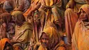 Para janda berlumuran serbuk beristirahat usai menari di perayaan Holi di Vrindavan, Uttar Pradesh, India (21/3). Sebelumnya para janda dilarang mengkuti tradisi ini karena dianggap buruk oleh masyarakat Hindu di India. (REUTERS/Anindito Mukherjee)