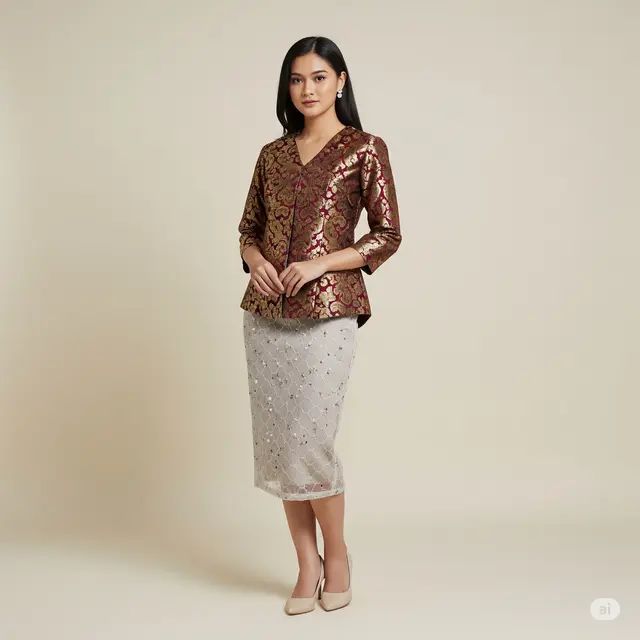 Atasan Brokat V-Neck dan Rok Tile Pensil