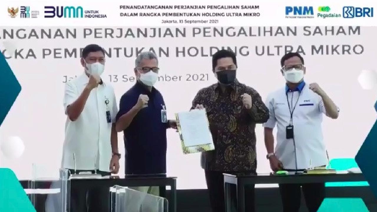 Penandatanganan akta inbreng saham pemerintah di PT Pegadaian dan PT Permodalan Nasional Madani (PNM) pada Senin, (13/9/2021). (Dok: Liputan6.com/Pipit Ramadhani)