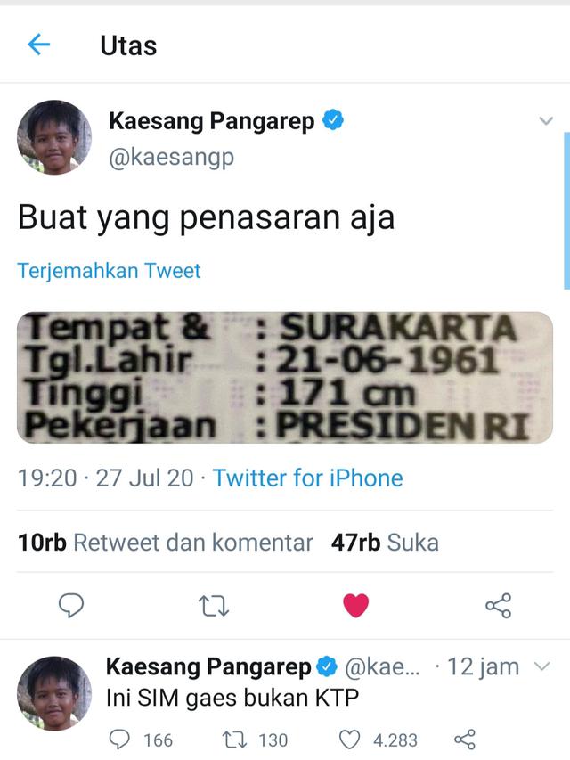 Unggahan Kaesang Pangarep. (Foto: Twitter @kaesangp)