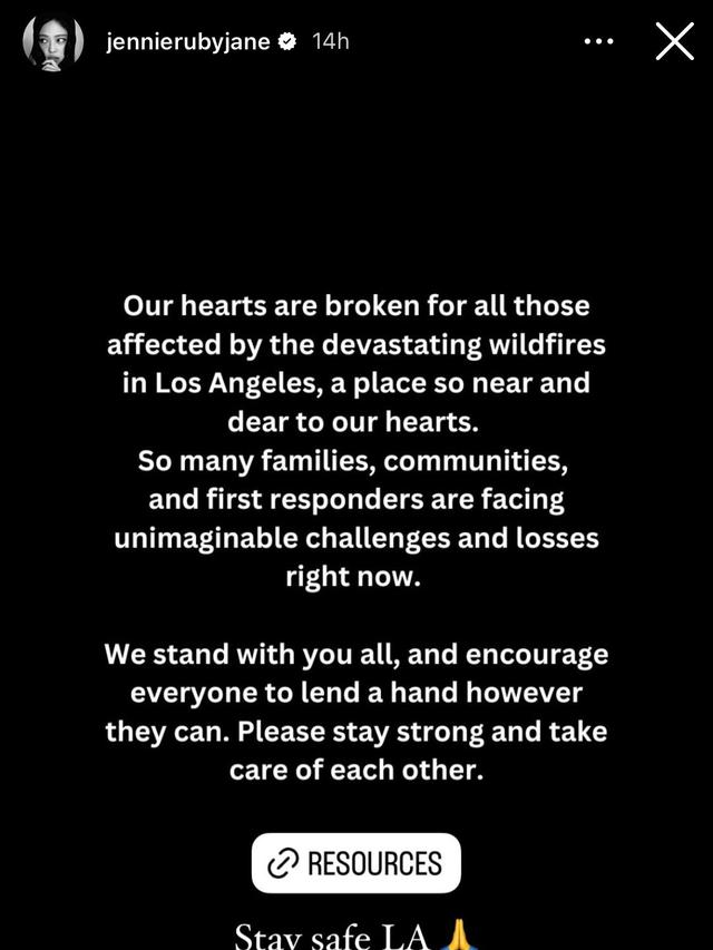 Dukungan Jennie BLACKPINK untuk Korban Kebakaran LA, Caption Haru Membawa Harapan (credit: instagram/jennierubyjane/).