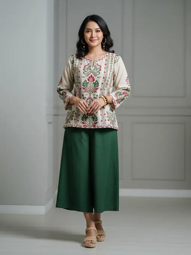 Inspirasi Outfit Natal Bernuansa Nusantara Model Atasan Etnik dengan Celana Kulot